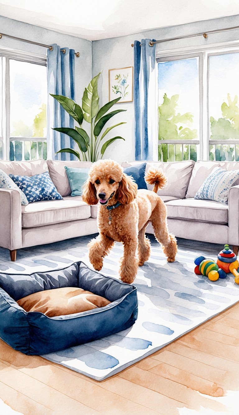 A poodle playing in a clean, well-groomed living room, with minimal fur on the floor and furniture, surrounded by toys and a comfortable dog bed