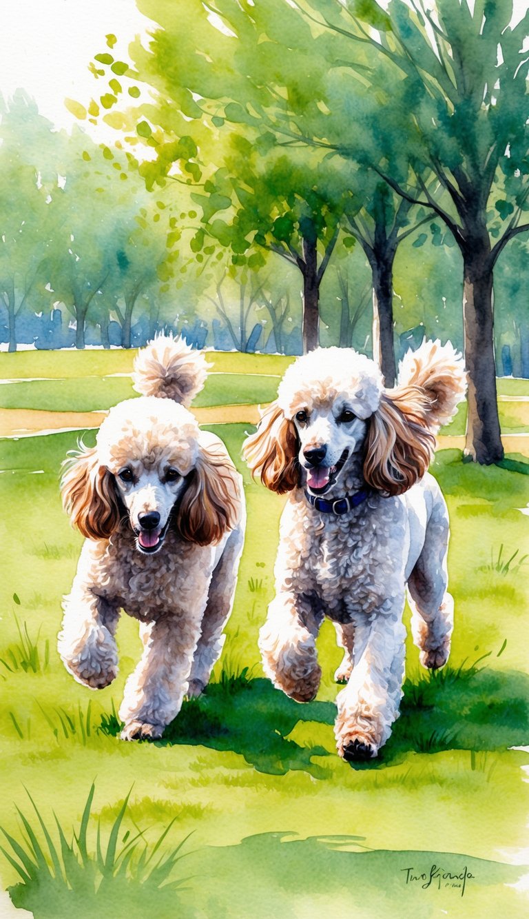 Two poodles frolic in a grassy park, chasing each other and playfully wrestling, their tails wagging energetically
