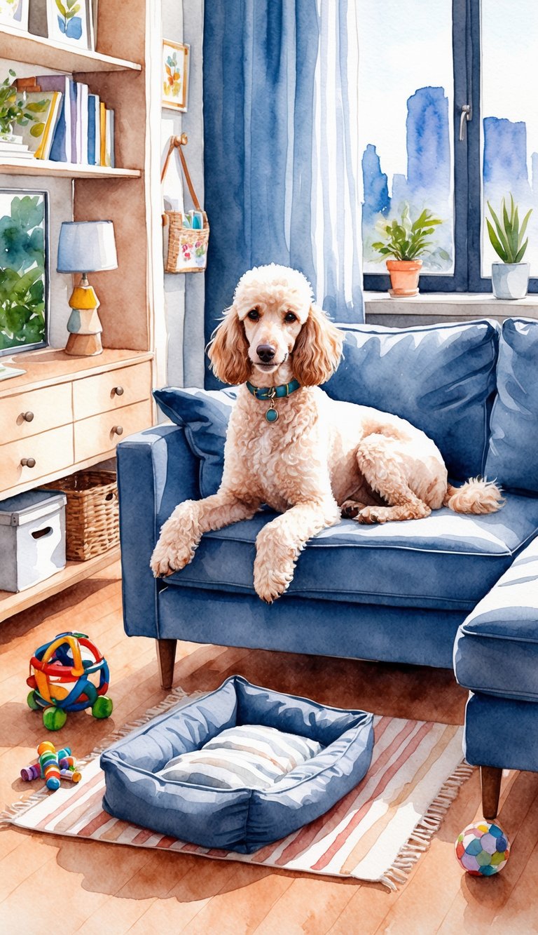 A poodle comfortably fitting into a cozy apartment living room, with toys and a small bed nearby