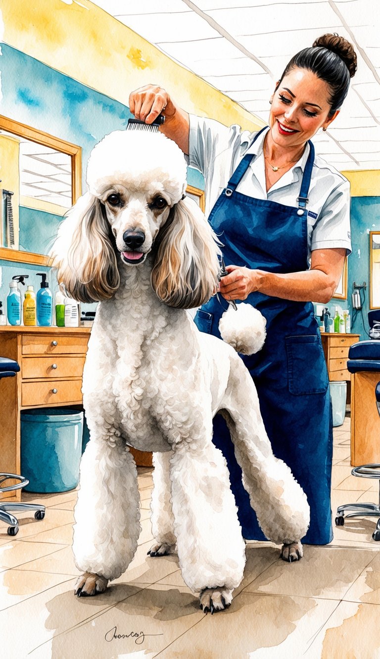 A poodle being groomed by a professional in a well-lit, spacious salon, surrounded by grooming tools and products