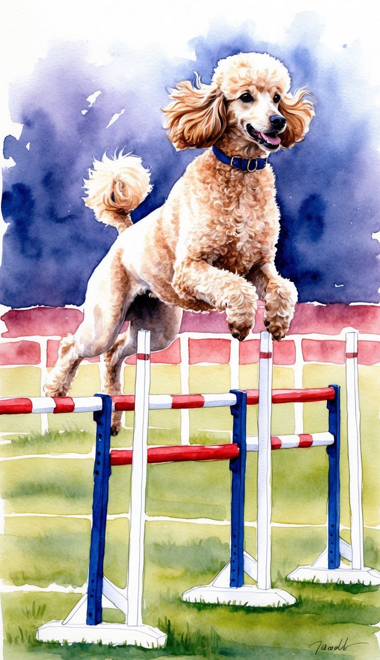 A poodle demonstrating agility in a dog sports competition, leaping over hurdles with grace and focus