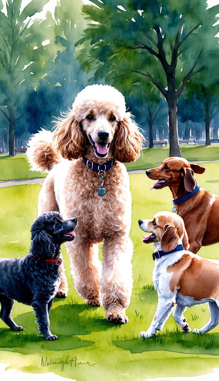 A poodle playing happily with other pets in a park, showing great social skills and interaction