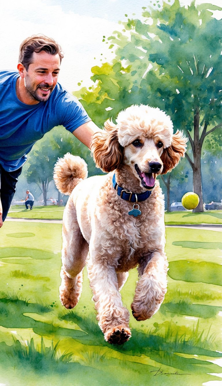A poodle running through a park, playing fetch with its owner. The dog is energetic and agile, showing off its athleticism and love for physical activity