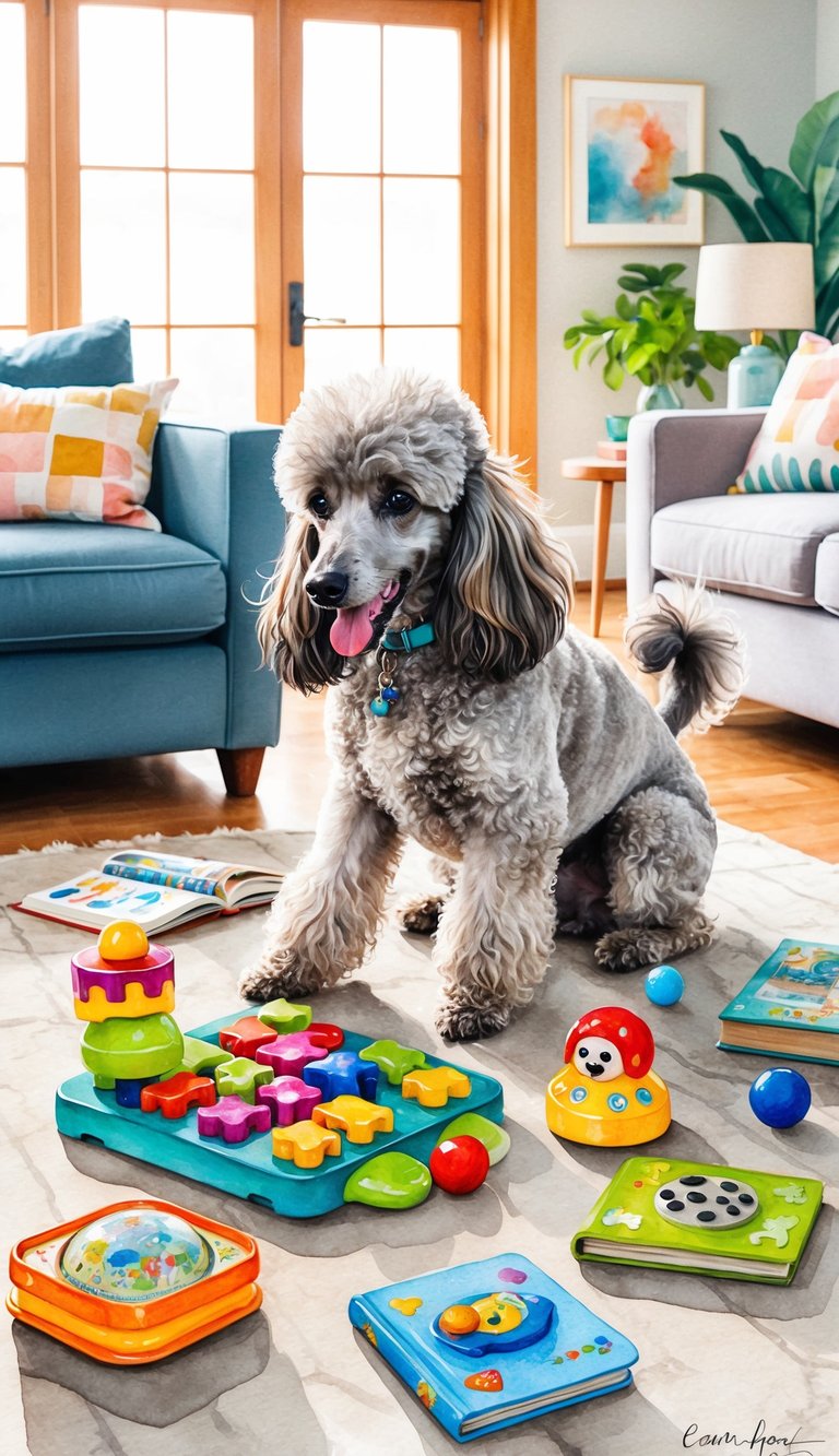 A poodle eagerly engages with puzzle toys, books, and interactive games in a cozy, well-lit living room