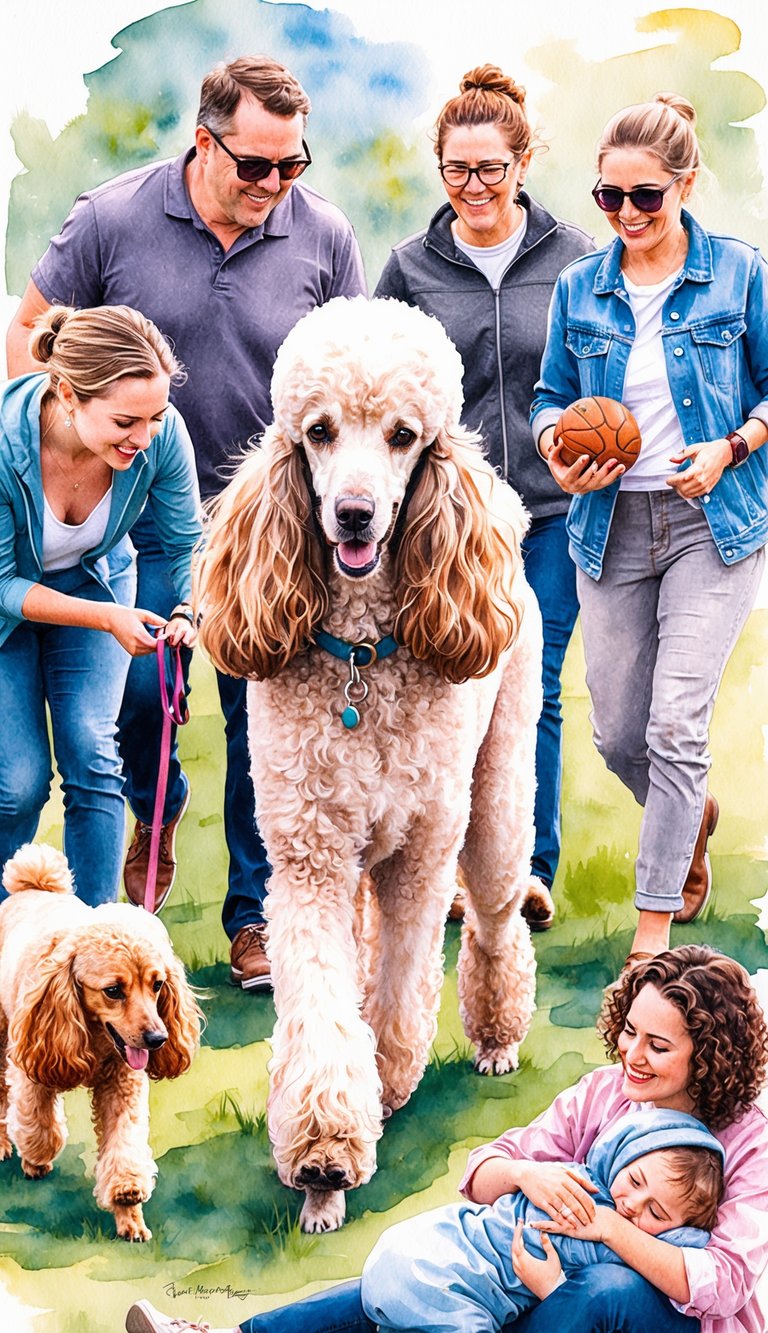 A poodle surrounded by people, engaging in various activities such as walking, playing, and cuddling