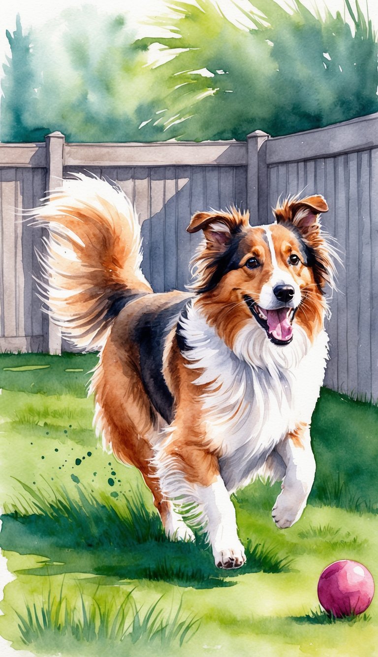 A Sheltie playing in a backyard, chasing after a ball with enthusiasm, its fluffy coat flowing as it runs