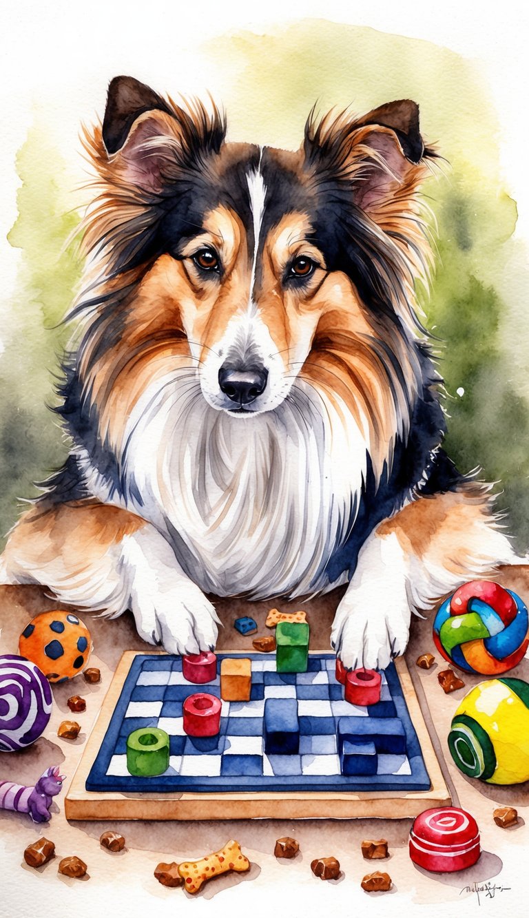 A Sheltie solving a complex puzzle, surrounded by various toys and treats, with a focused and intelligent expression on its face