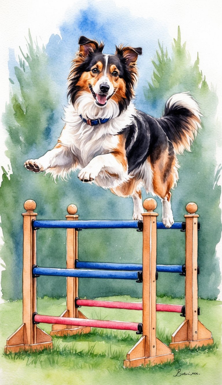 A Sheltie effortlessly leaps over a series of obstacles, showcasing its agility and trainability