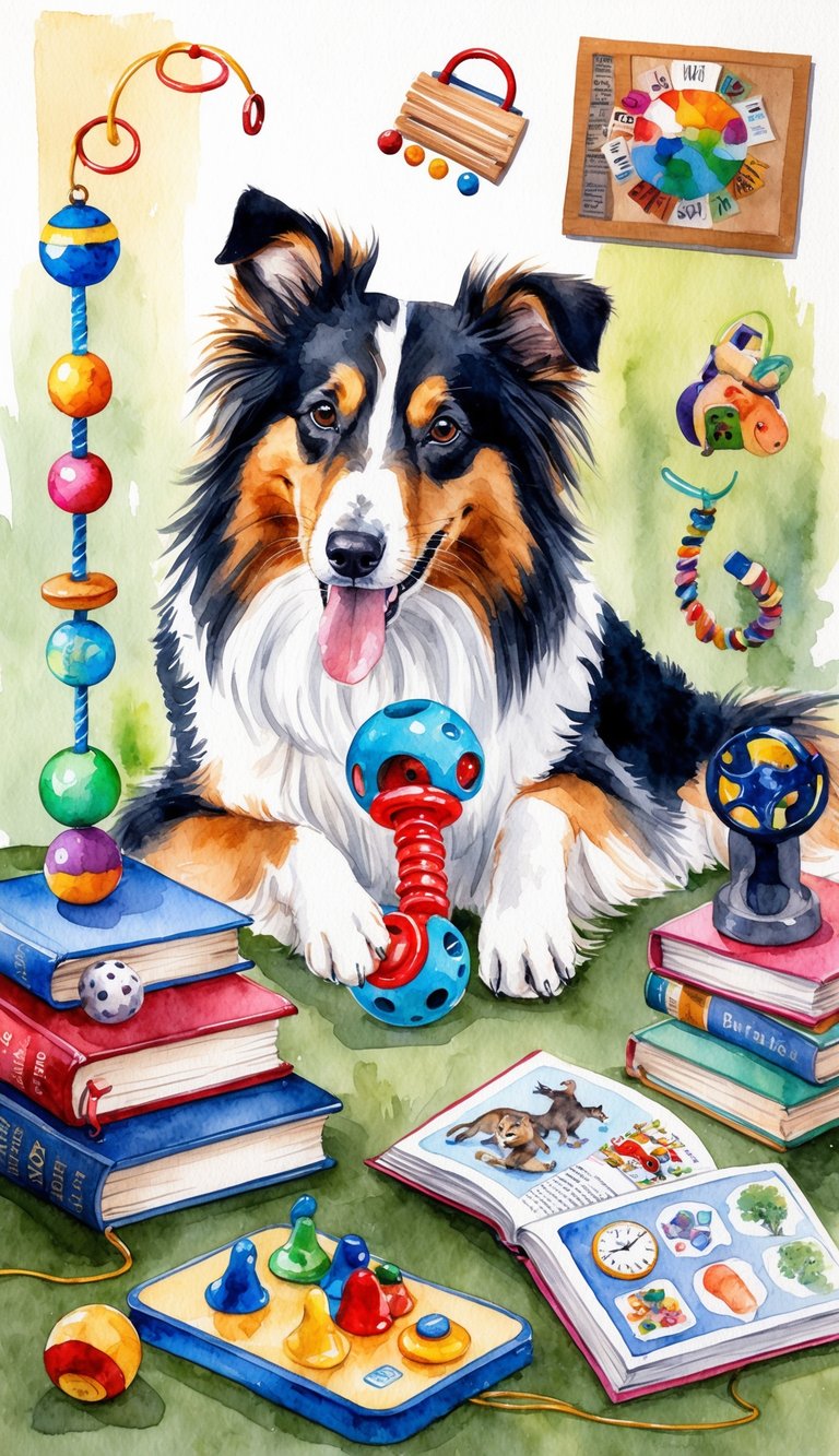 A Sheltie playing with a variety of interactive toys, surrounded by books, puzzles, and other mental stimulation activities
