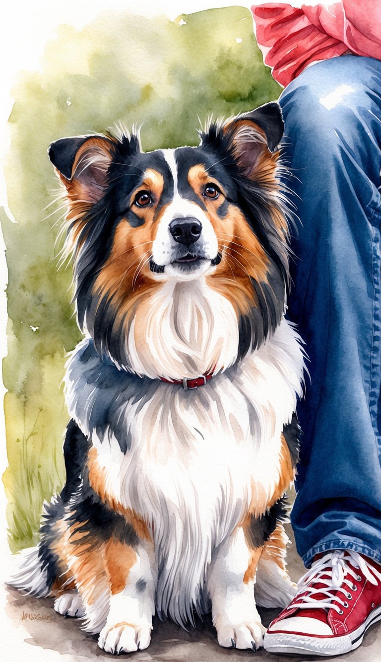 A Sheltie nuzzling its owner's leg while looking up with adoring eyes