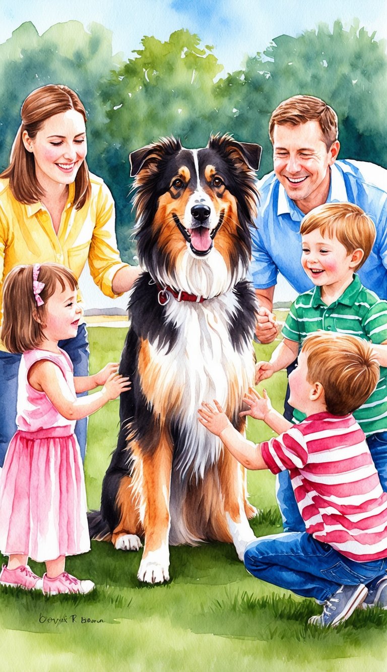 A Sheltie playing with children in a park, surrounded by families smiling and interacting with the dog