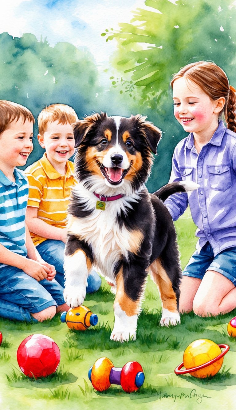 A Sheltie puppy playing with children in a park, surrounded by toys and smiling faces