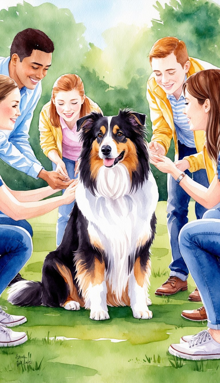 A Sheltie sitting calmly at a park, surrounded by strangers petting and admiring it