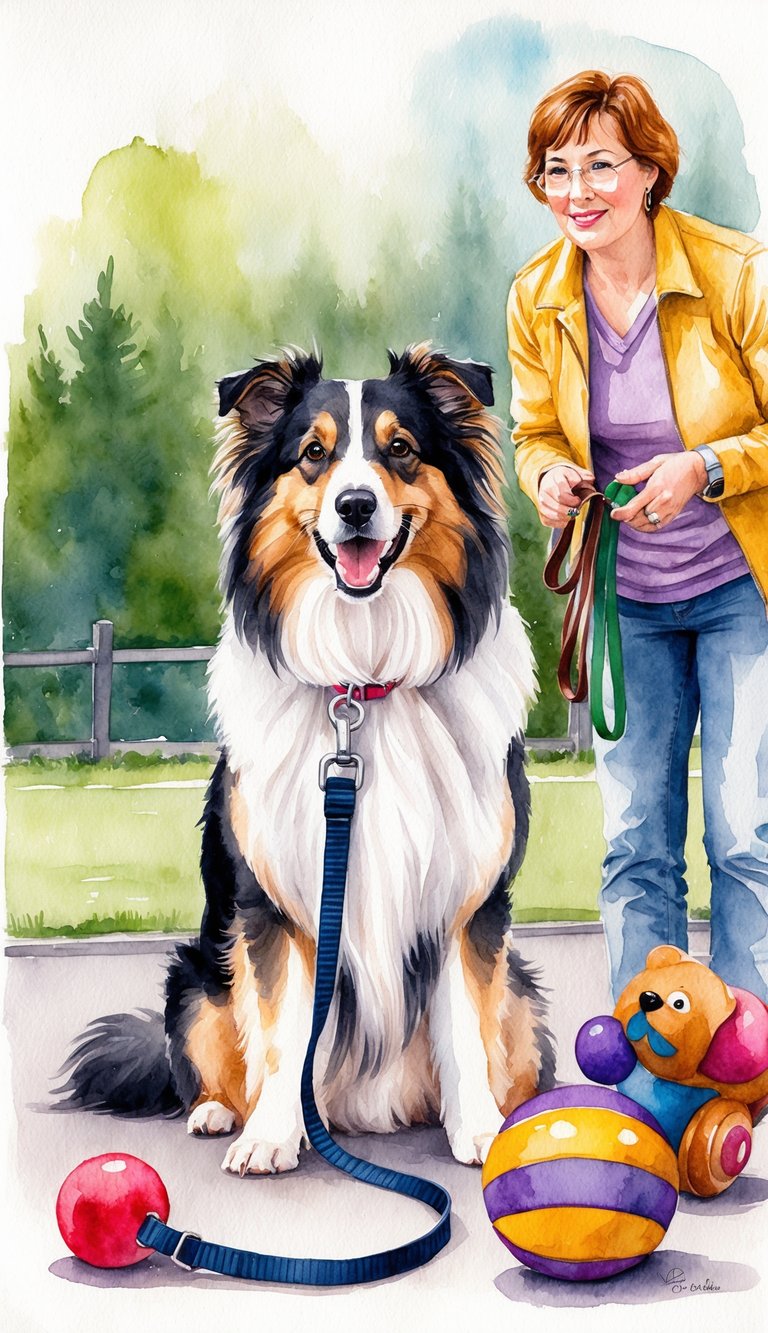 A Sheltie eagerly awaits its daily exercise, surrounded by toys and a leash, while its owner weighs the pros and cons
