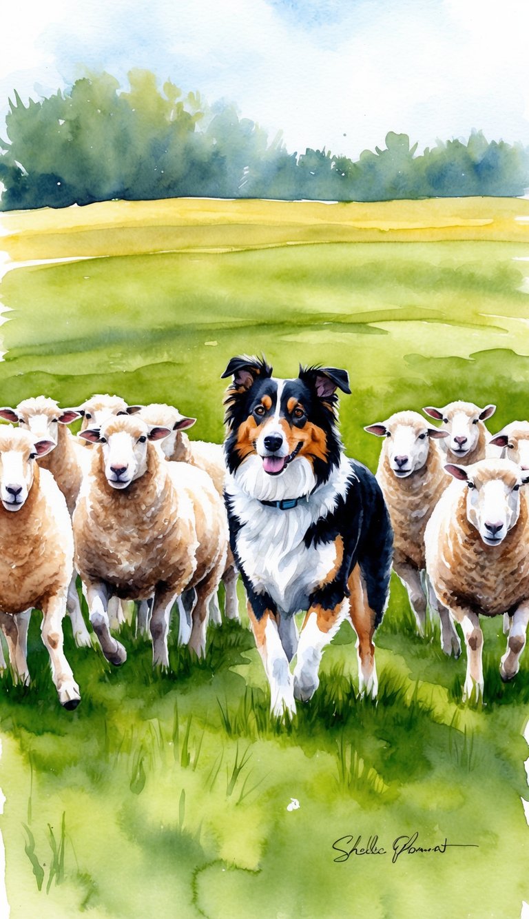 A Sheltie confidently herding a group of sheep through a green pasture