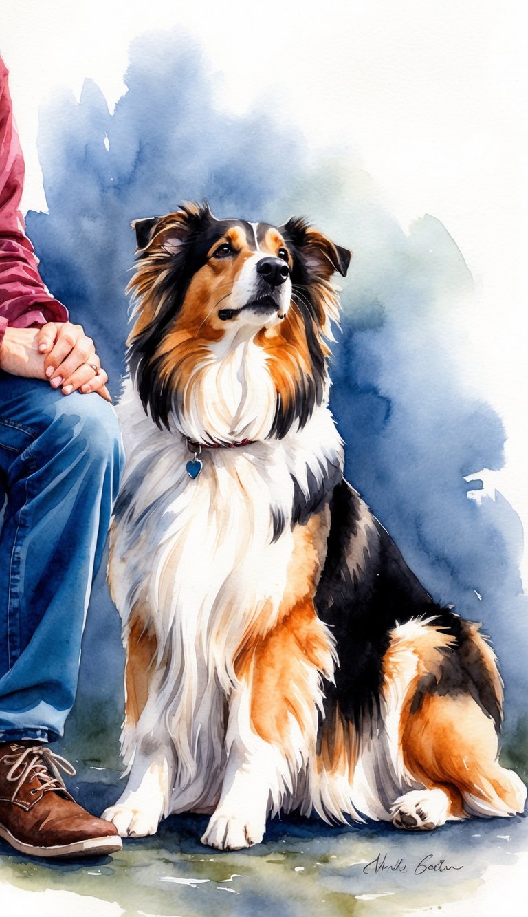 A Sheltie sitting attentively by its owner's side, gazing up with unwavering loyalty and intelligence