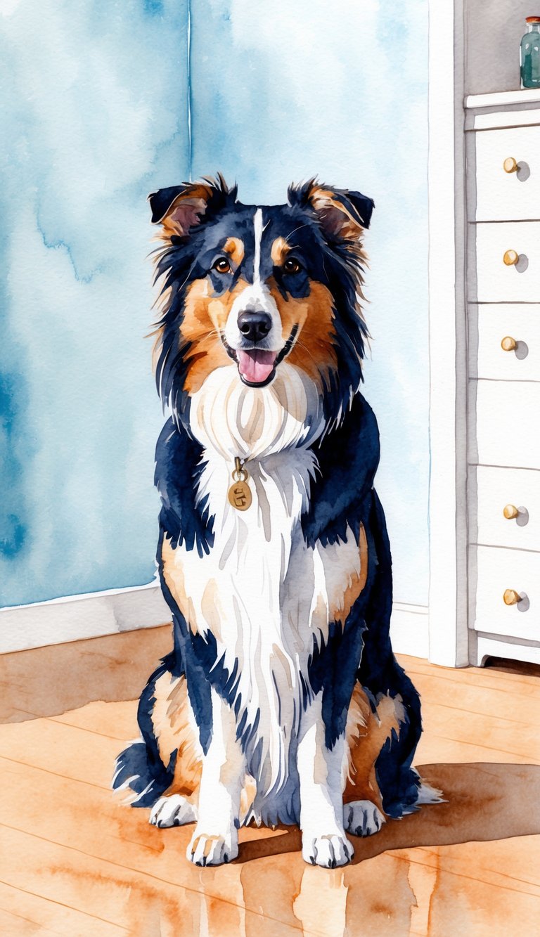 A Sheltie sitting in a spotless room with minimal scent