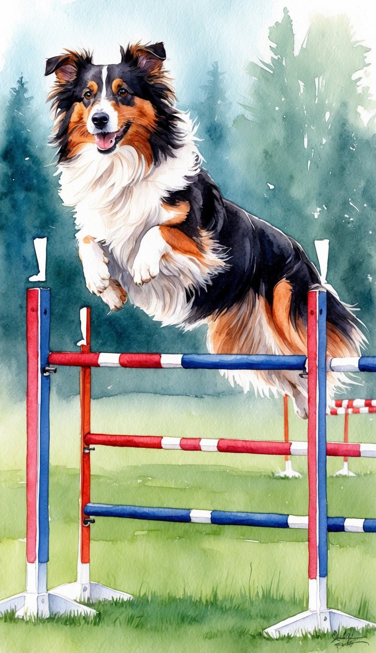 A Sheltie excelling in agility, jumping over hurdles and weaving through poles in a competition