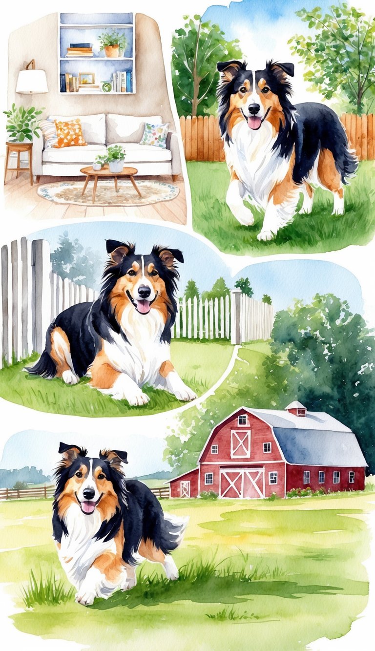 A Sheltie exploring different living spaces: a cozy apartment, a suburban backyard, and a rural farm