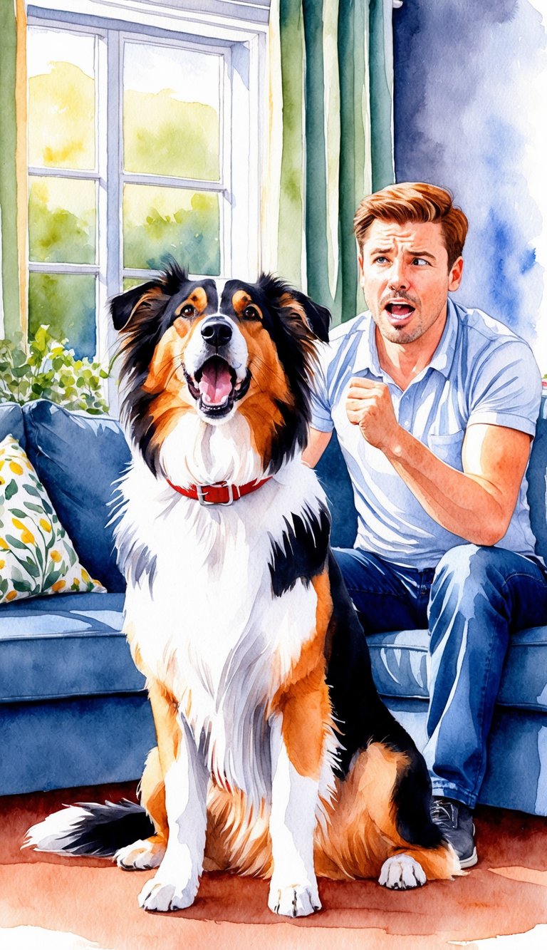 A Sheltie barks loudly in a living room, while its owner looks frustrated