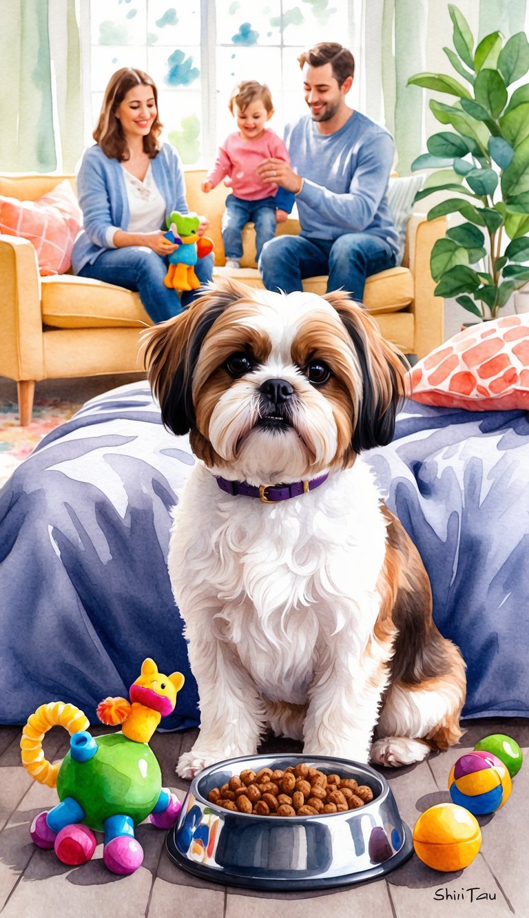 A Shih Tzu sitting next to a food bowl, surrounded by toys and a cozy bed, with a family playing in the background