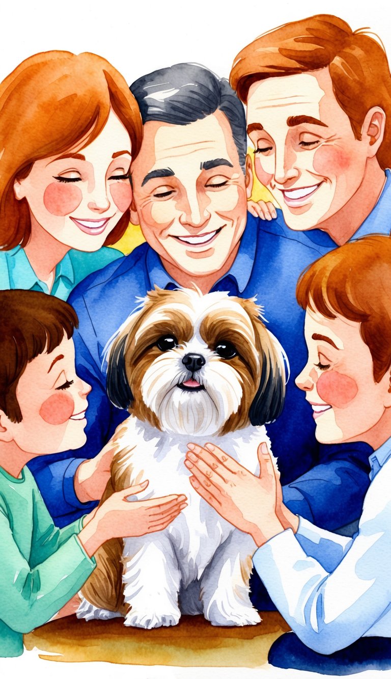 A Shih Tzu surrounded by a loving family, receiving affection and attention, with smiling faces and warm embraces