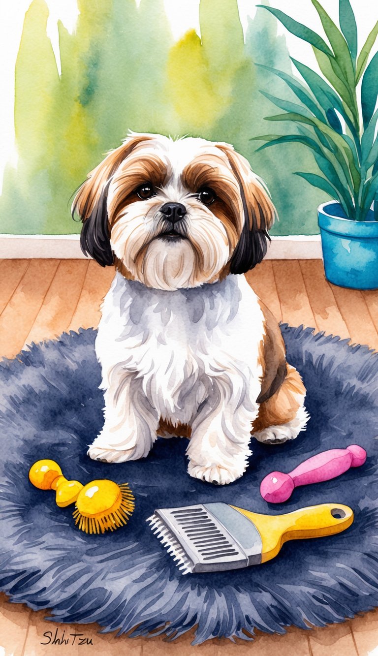 A Shih Tzu with a low-shedding coat sitting on a plush rug, surrounded by toys and a grooming brush