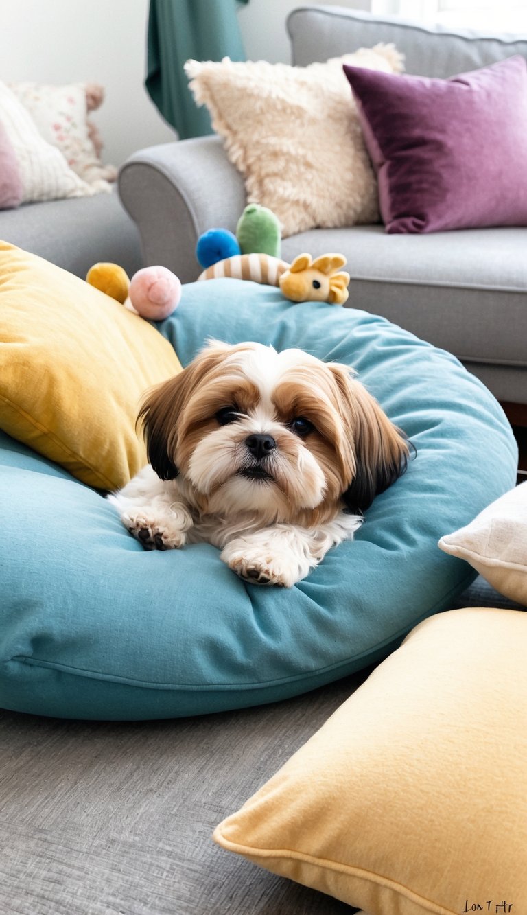 A Shih Tzu peacefully resting in a cozy living room, surrounded by soft pillows and toys, with a gentle smile on its face