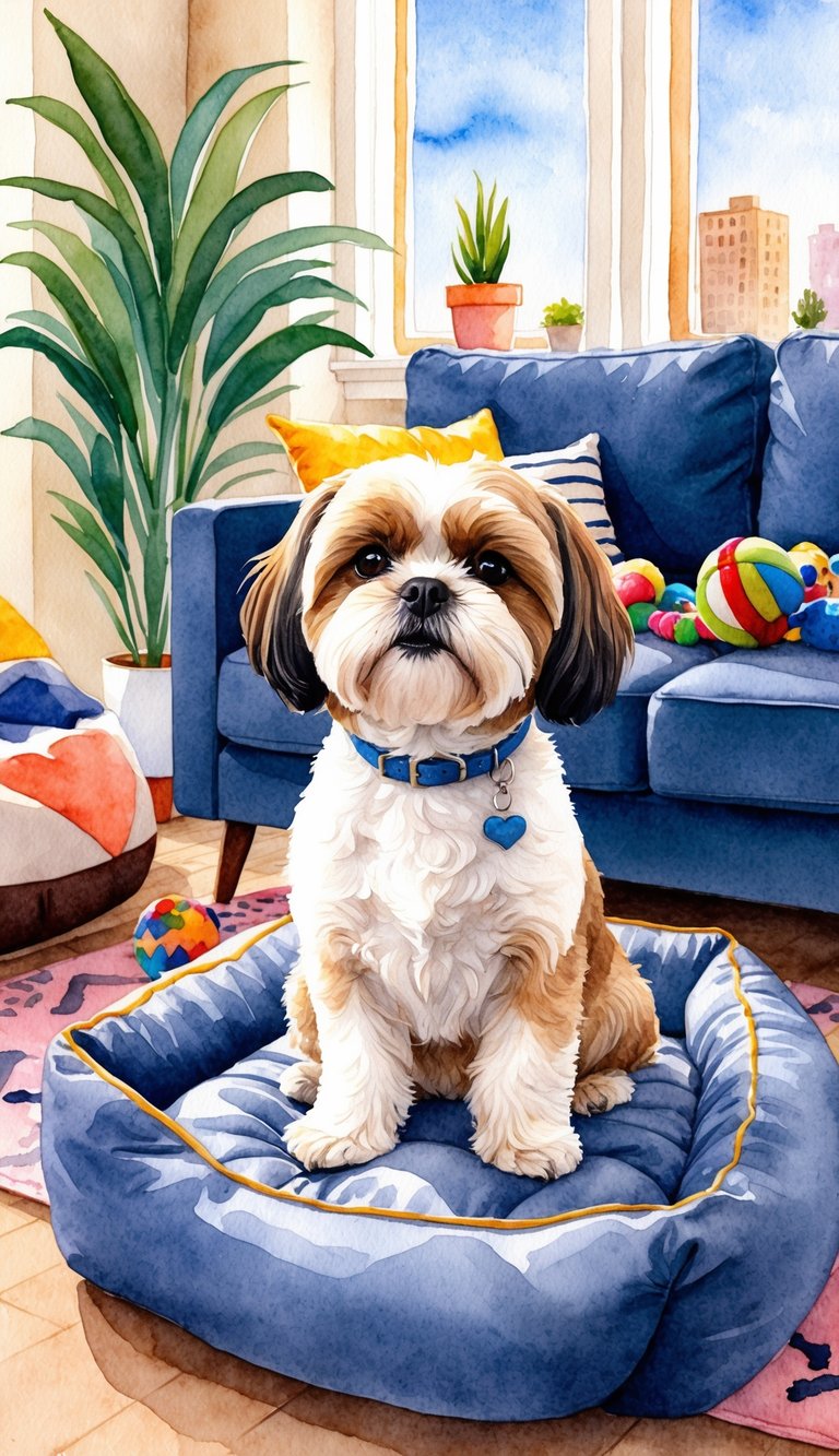 A Shih Tzu sitting contently in a cozy apartment living room, surrounded by toys and a comfortable bed