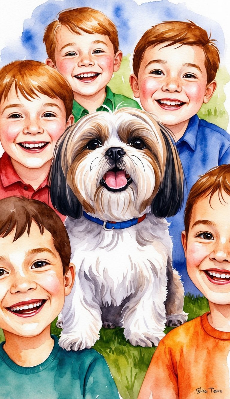 A Shih Tzu surrounded by smiling children, wagging its tail happily