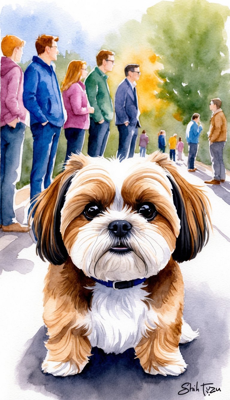 A Shih Tzu cautiously watches strangers from a distance, with ears perked and a curious expression on its face