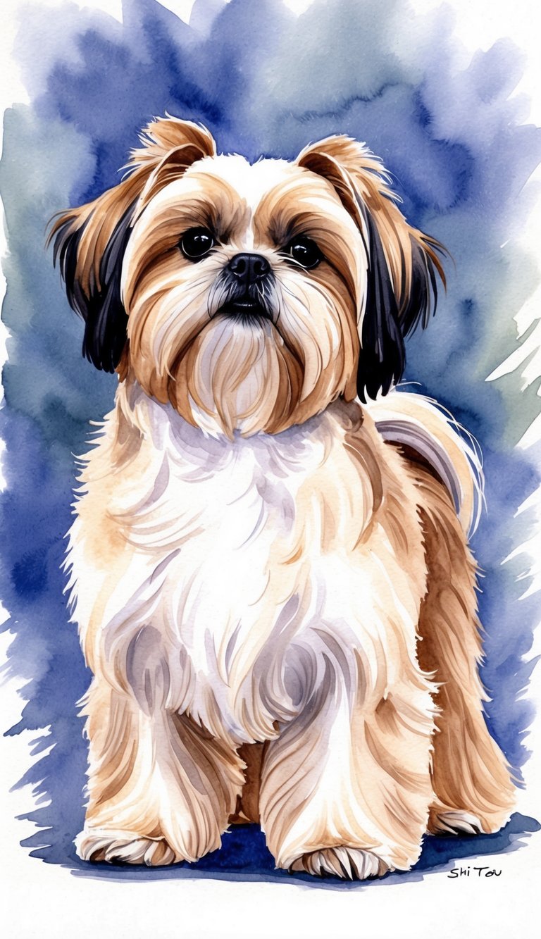 A fluffy Shih Tzu stands proudly, its long, silky coat flowing in the wind. Its regal stance exudes confidence and elegance