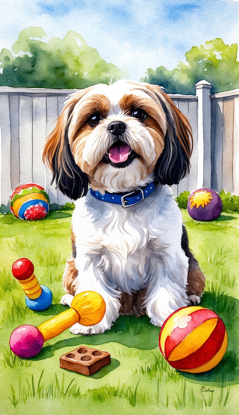 A Shih Tzu eagerly learning new tricks in a sunny backyard, surrounded by toys and treats