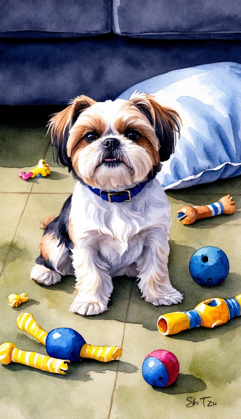 A Shih Tzu sitting on the floor, looking defiant with its head held high, surrounded by chewed up toys and a torn pillow
