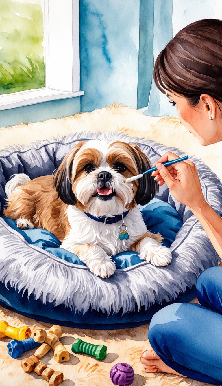 A Shih Tzu lying on a fluffy dog bed, surrounded by chew toys and dental treats, with a concerned owner looking at its teeth