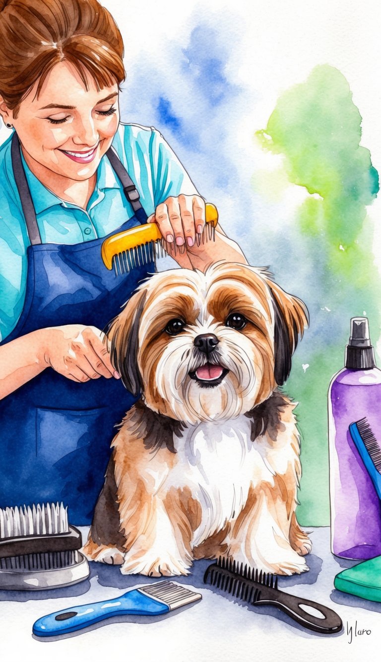 A Shih Tzu being groomed by its owner with a brush and comb, surrounded by grooming supplies and a happy expression on its face