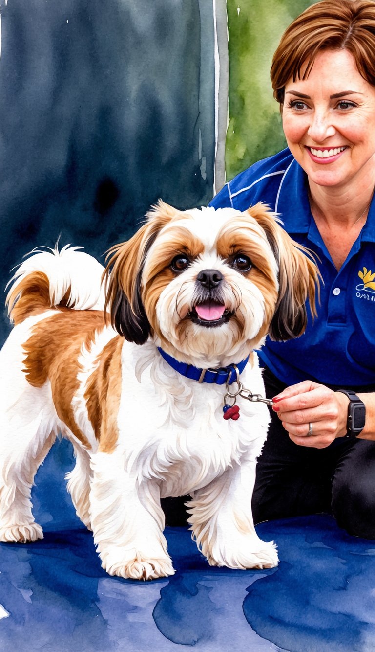A Shih Tzu eagerly follows commands in a training session, tail wagging and ears perked up, while the owner looks on with a smile