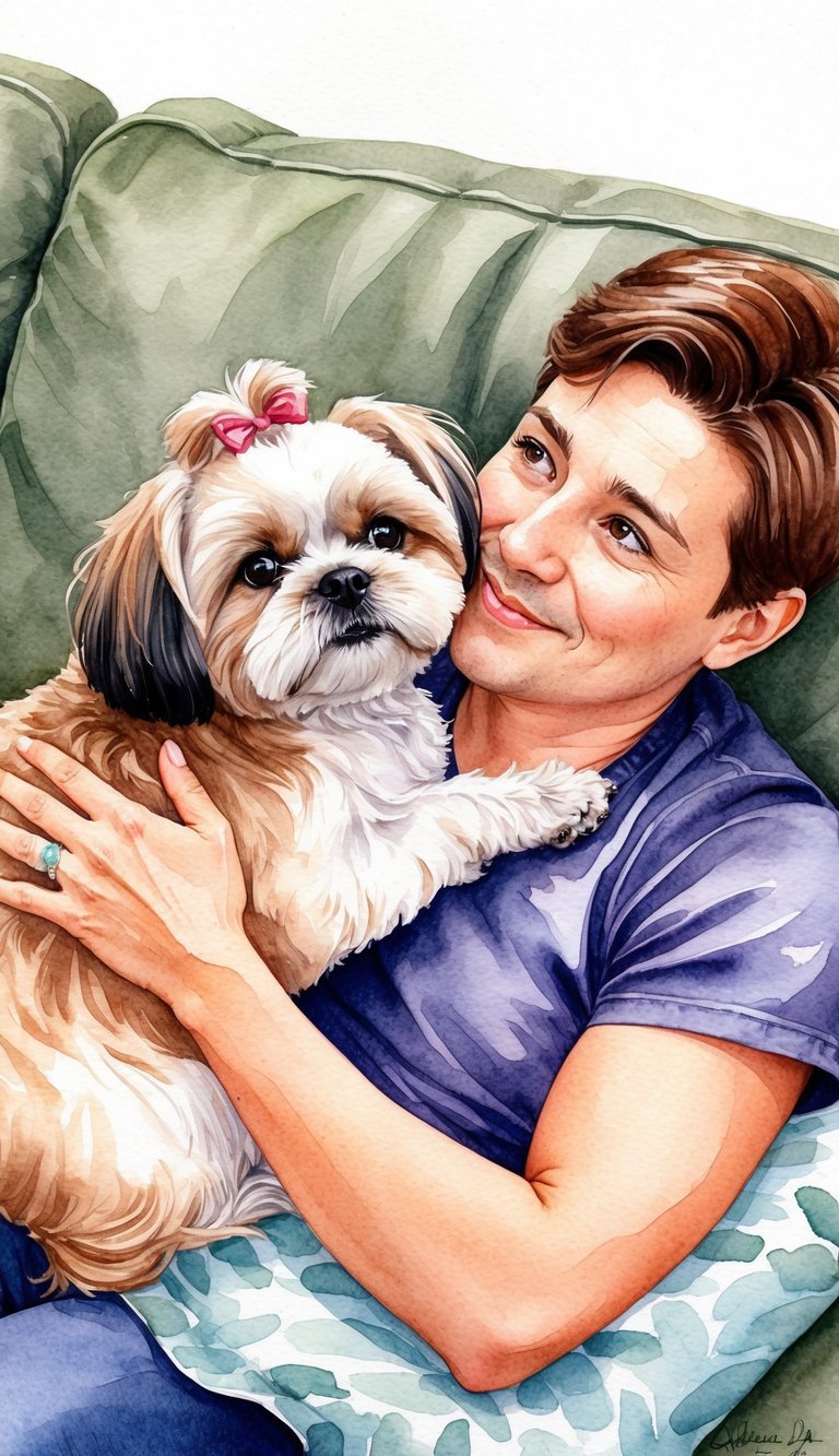 A Shih Tzu snuggles with its owner on a cozy couch, gazing up with adoring eyes