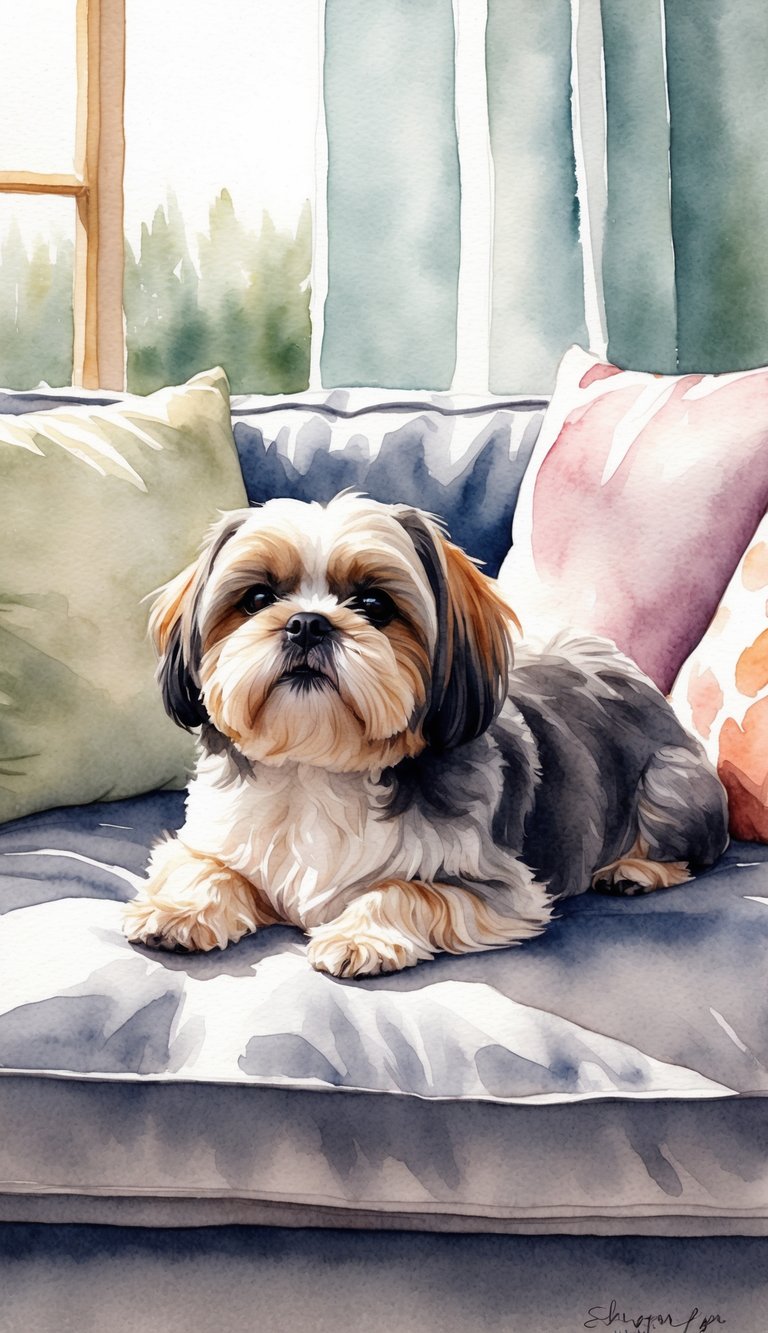 A Shih Tzu lounges peacefully in a cozy indoor setting, surrounded by calm and quiet