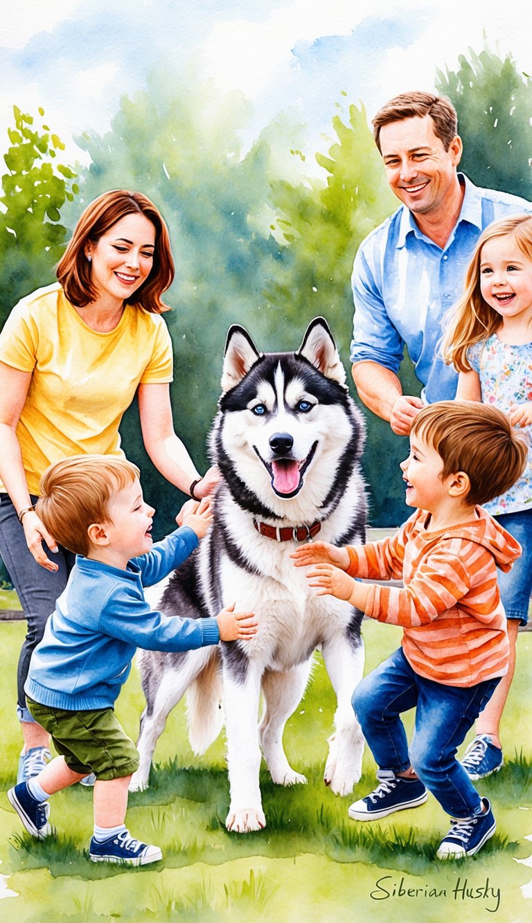 A Siberian Husky playing with children of various ages in a park, while adults watch and smile