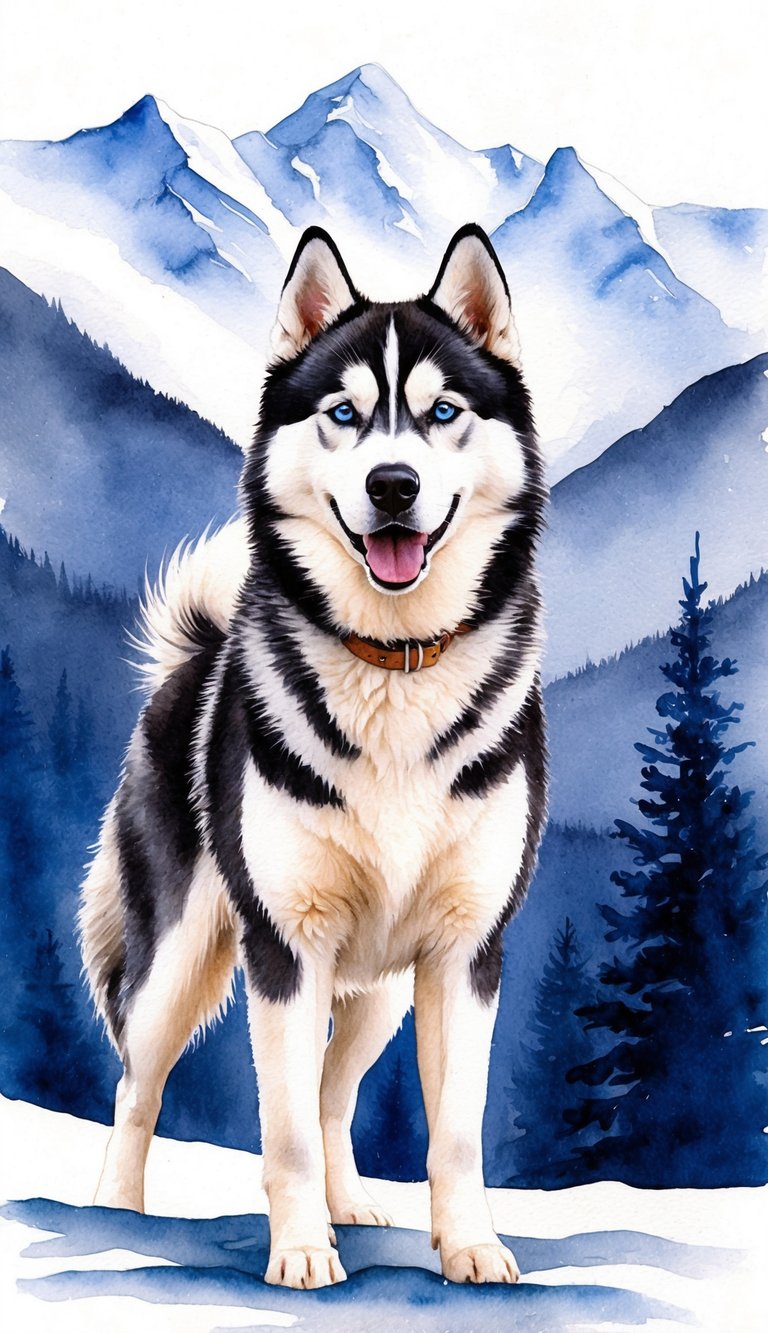 A Siberian Husky stands proudly, with a thick fur coat and piercing blue eyes, surrounded by snow-capped mountains and a sense of adventure in the air