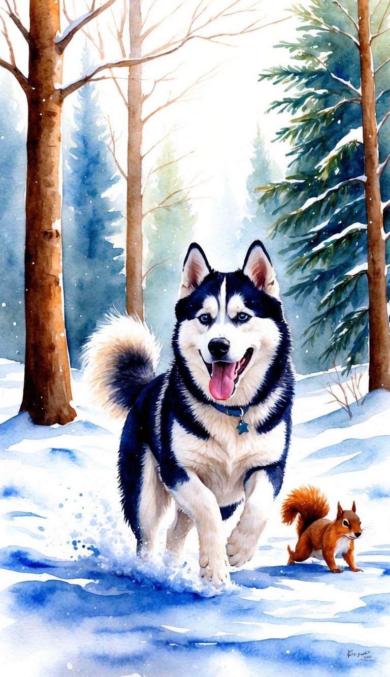 A Siberian Husky romps through a snowy forest, tongue lolling and tail wagging, while a squirrel darts through the trees nearby