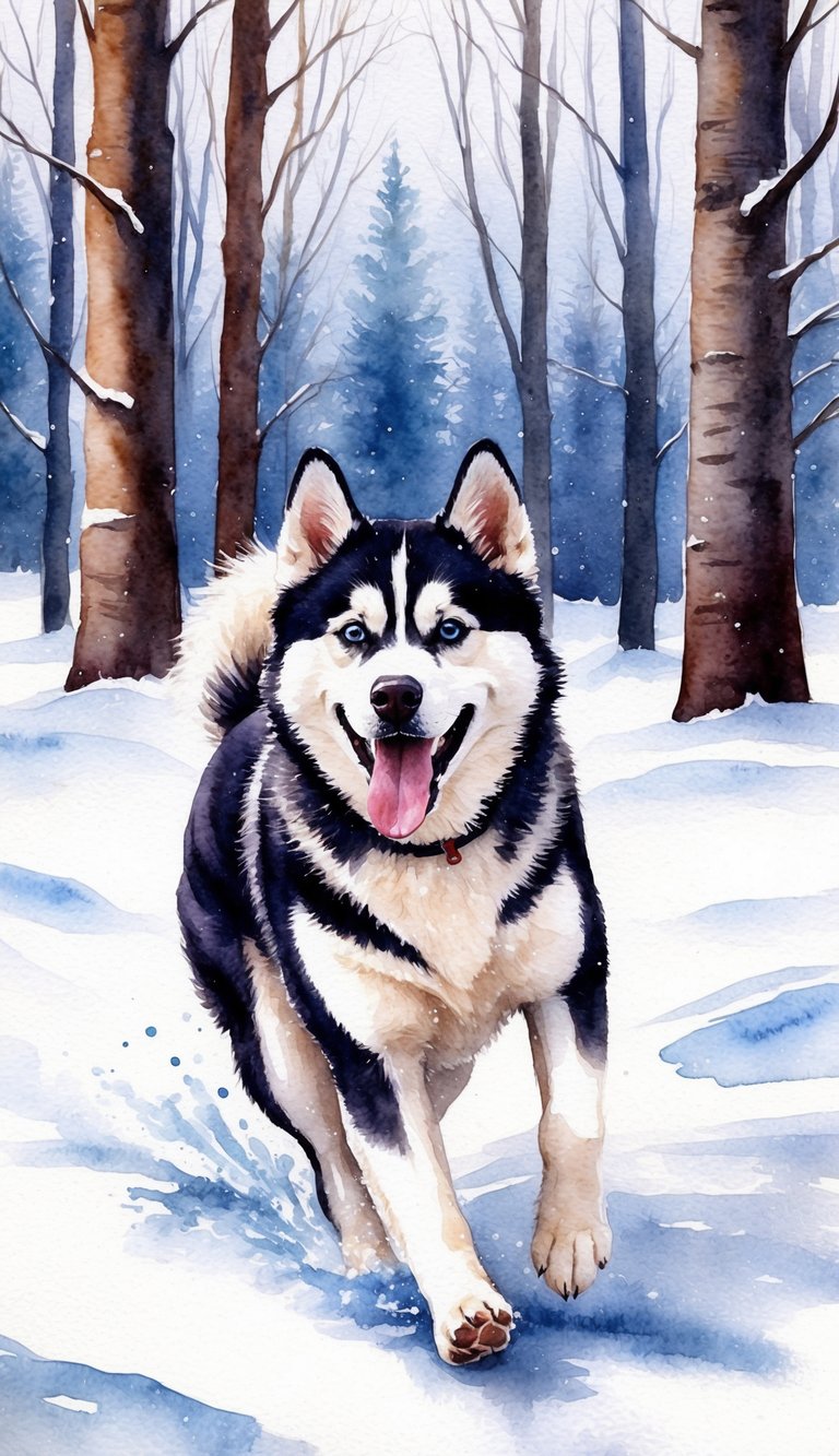 A Siberian Husky running through a snowy forest, tongue out and ears perked up, with a playful and energetic expression