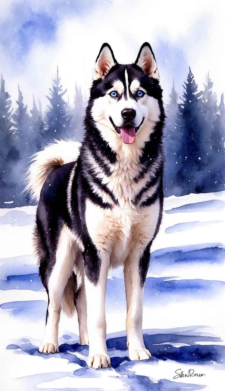 A Siberian Husky standing proudly in a snowy landscape, with piercing blue eyes and a thick, luxurious coat