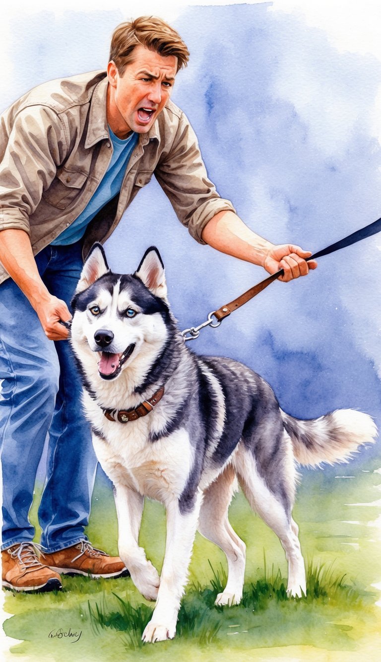 A Siberian Husky pulling on a leash while refusing to move, with a frustrated owner trying to coax the dog forward