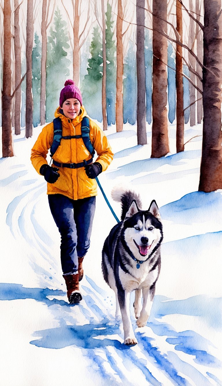 A person running with a Siberian Husky through a snowy forest, demonstrating the need for consistent training