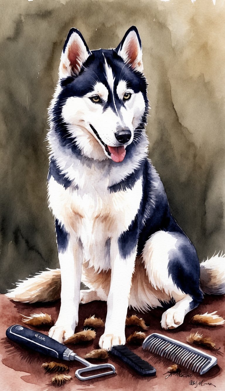 A Siberian Husky grooming itself, surrounded by scattered fur and grooming tools