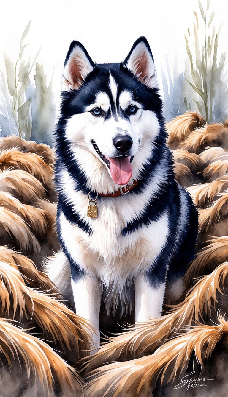 A Siberian Husky surrounded by piles of fur, shedding heavily