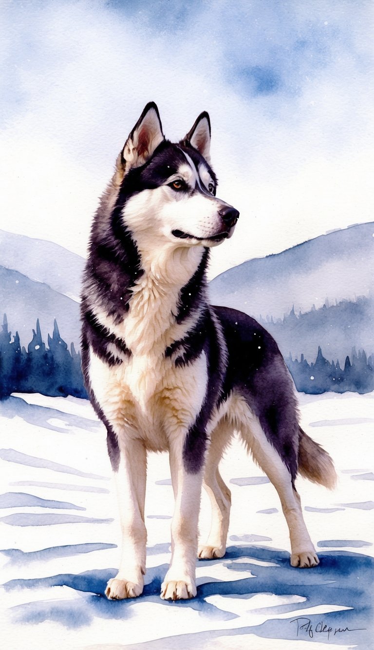 A Siberian Husky standing alert in a snowy landscape, gazing into the distance with a curious expression
