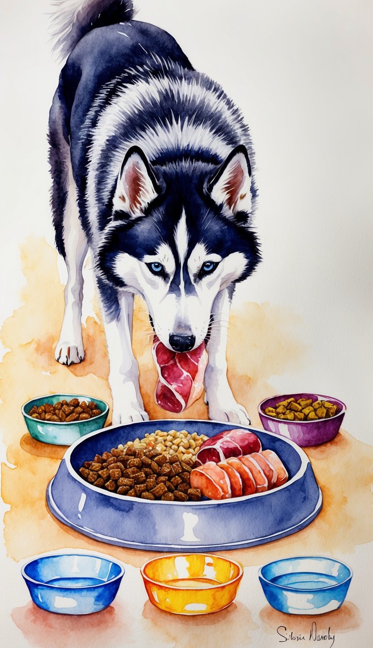 A Siberian Husky eating a balanced meal with a mix of kibble and raw meat, surrounded by various food and water bowls